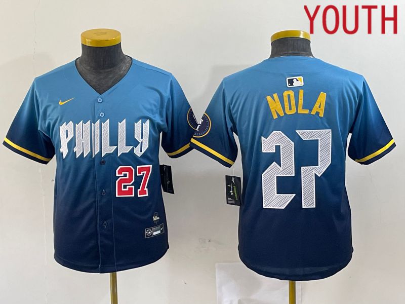 Youth Philadelphia Phillies 27 Nola Blue City Edition Nike 2024 MLB Jersey style 4